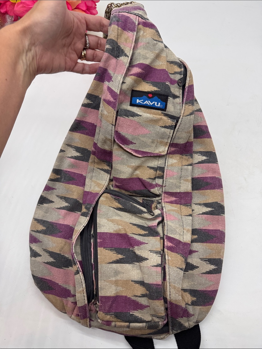 Kavu Sling Bag in Purple, Tan & Black Aztec Pattern